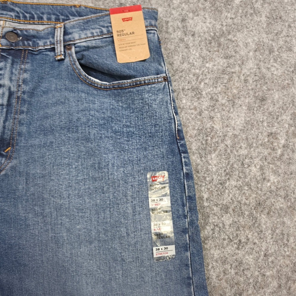 Levis 505 Regular Fit Stretch Jeans Mens 38x30 Medium Wash Blue Straight Leg NWT - Picture 5 of 11